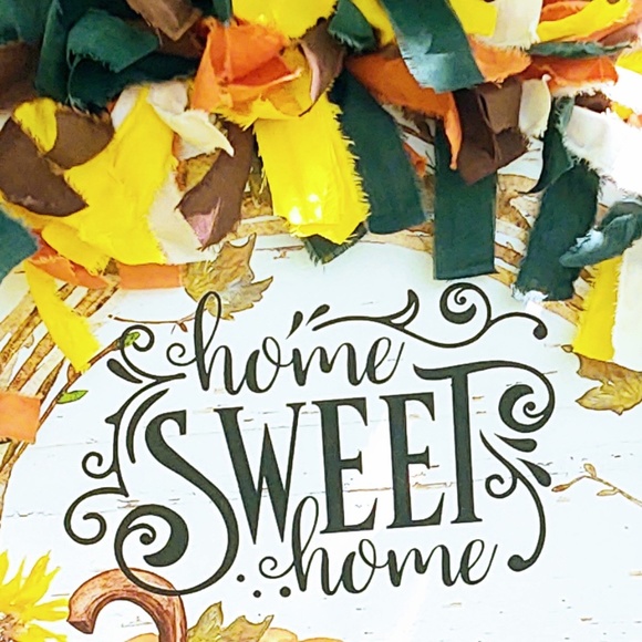 Hand Crafted Fabric Rag Wreath Fall Pumpkins Tin Sign Home Sweet Home Decor 18" - Picture 6 of 8